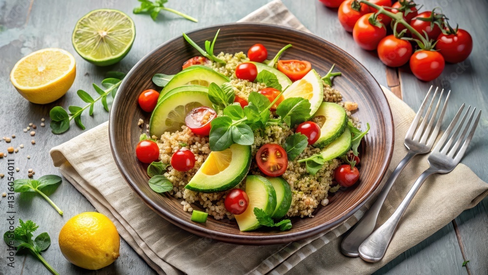 Vibrant and Healthy Quinoa Salad with Avocado, Cherry Tomatoes, and Fresh Herbs Served on a Rustic Plate Vibrant and Healthy Quinoa Salad with Avocado, Cherry Tomatoes, and Fresh Herbs Served on a Rustic Plate