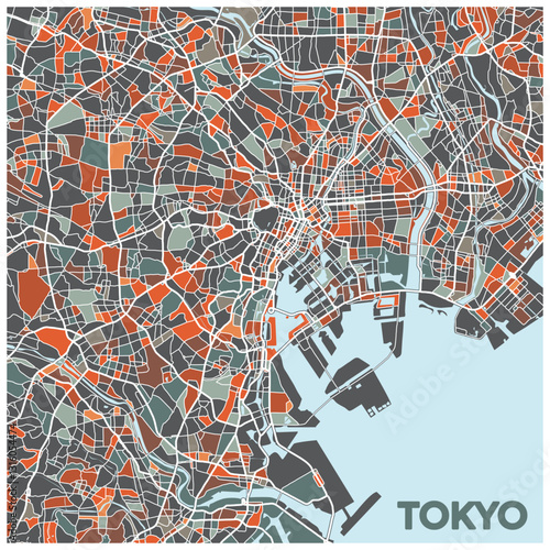 Photography Stylized Tokyo city map graphic with muted orange and grey tones