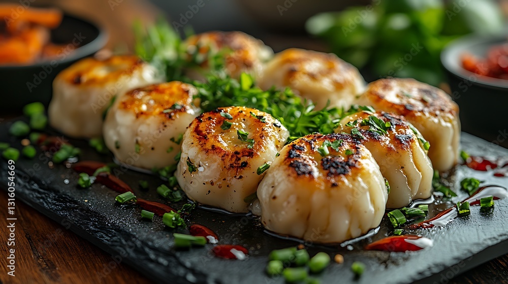 Soft textured dumplings with a gentle shine sitting on a sleek dark surface with greens Soft textured dumplings with a gentle shine sitting on a sleek dark surface with greens