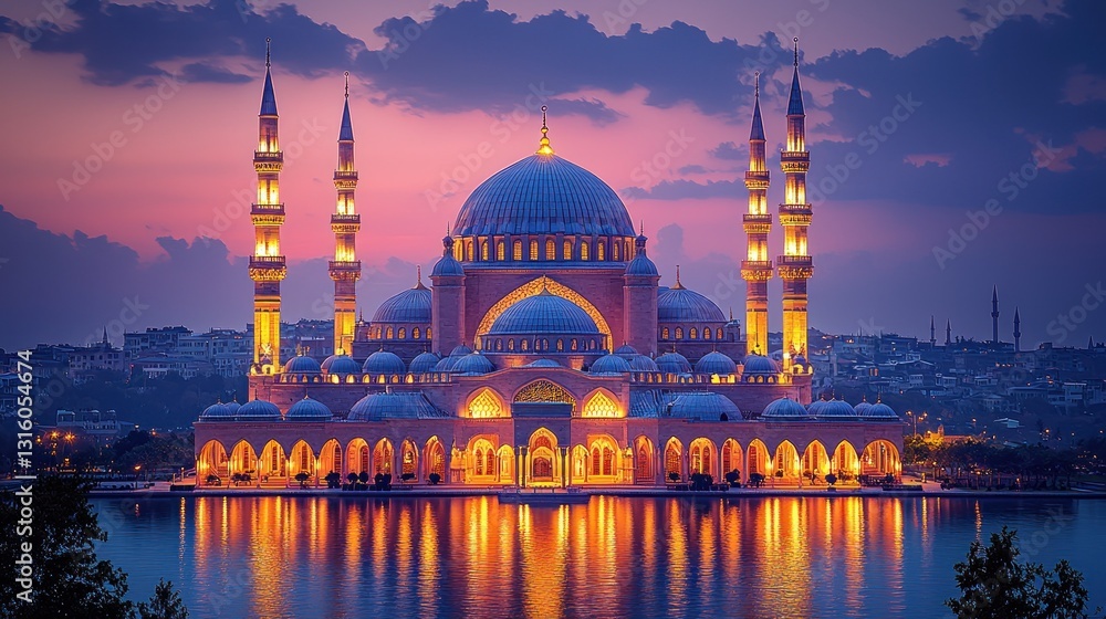 Naklejka premium A large mosque glows beautifully at sunset, reflecting softly on the water