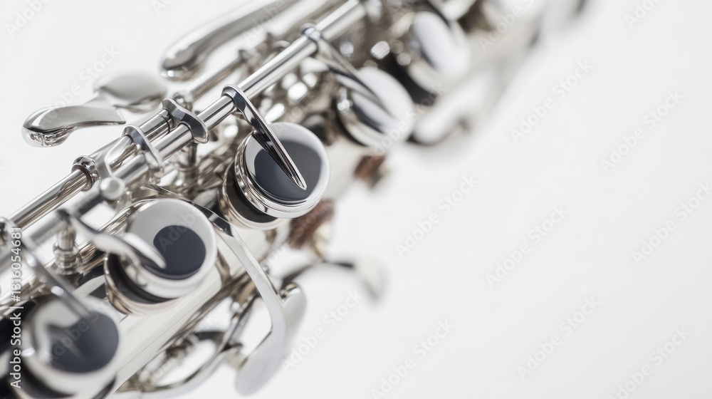 Fototapeta premium Shiny Silver Flute Keys Close Up Detail Elegant Musical Instrument