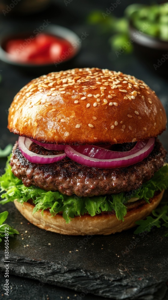 Appetizing burger with juicy beef patty red onion and fresh green lettuce on a dark stone surface gourmet style close up shot food photography Appetizing burger with juicy beef patty red onion and fresh green lettuce on a dark stone surface gourmet style close up shot food photography