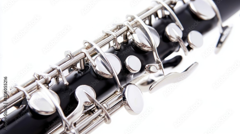 Fototapeta premium Black Clarinet Closeup Silver Keys Musical Instrument Detail Shot