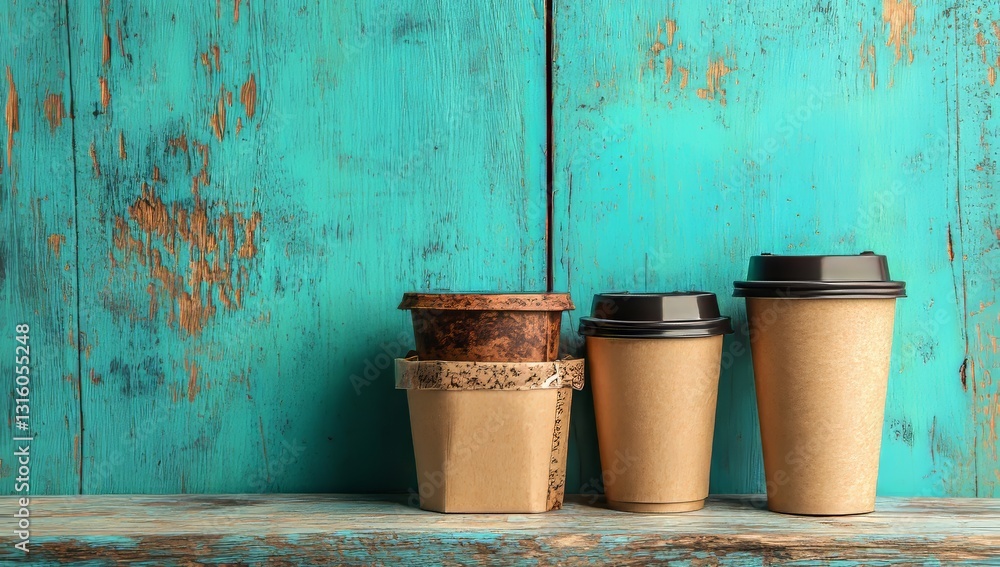 On a wooden table, Kraft paper coffee cups are arranged near a light blue wall On a wooden table, Kraft paper coffee cups are arranged near a light blue wall