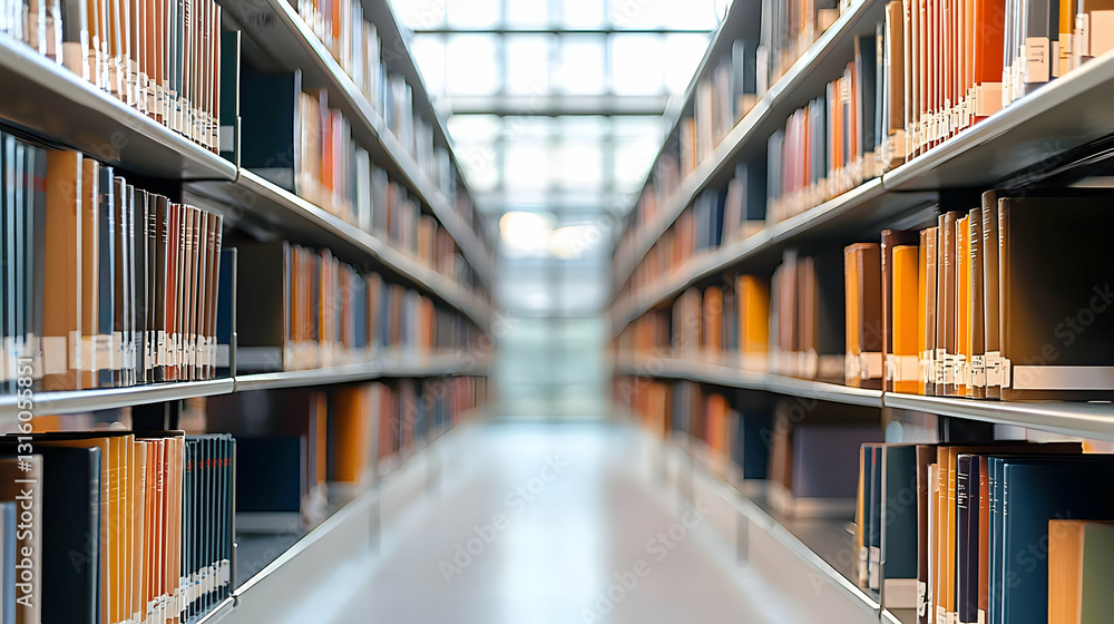 Bright Modern Library Interior With Bookshelves and Blurred Background With Natural Light Bright Modern Library Interior With Bookshelves and Blurred Background With Natural Light