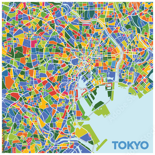 Colorful Tokyo city map graphic with bright geometric patterns. Tokyo, Japan Map.