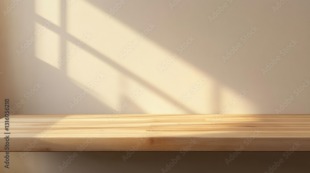 A wooden shelf illuminated by soft sunlight, creating a serene and minimalist atmosphere. A wooden shelf illuminated by soft sunlight, creating a serene and minimalist atmosphere.