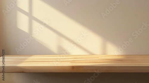 A wooden shelf illuminated by soft sunlight, creating a serene and minimalist atmosphere.