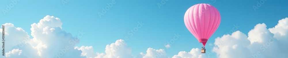 Fototapeta premium Pink hot air balloon rises high in the clear blue sky with fluffy white clouds, airy, cloud