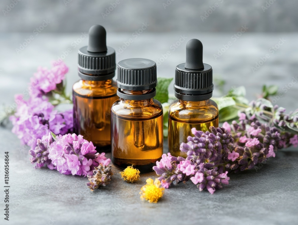 Aromatic essential oil bottles with lavender flowers on a gray stone surface for wellness and relaxation in a spa setting with a calm and serene mood Aromatic essential oil bottles with lavender flowers on a gray stone surface for wellness and relaxation in a spa setting with a calm and serene mood