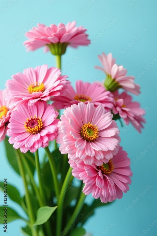 Obraz premium Pink zinnias in a loose, colorful bouquet on a soft blue background, delicate petals, loose bouquet, natural look