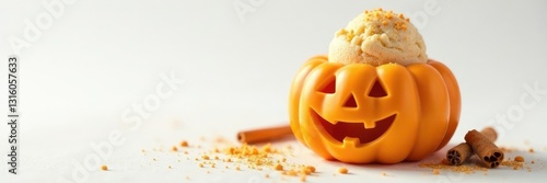 Pumpkin spice ice cream on a white background with mini jack o lantern sorbet in the foreground, Halloween, pumpkin spice, sweet photo