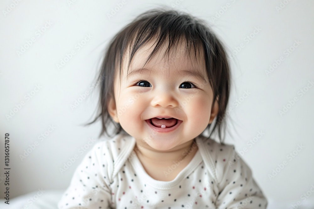 Portrait of a happy, smiling Asian baby girl lying on a white bed in a bedroom, looking at the camera and laughing with an open mouth. Close-up face portrait of a cute, Portrait of a happy, smiling Asian baby girl lying on a white bed in a bedroom, looking at the camera and laughing with an open mouth. Close-up face portrait of a cute,