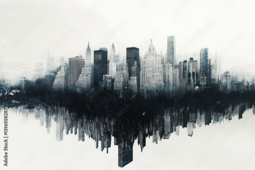 Fototapeta premium A captivating surreal reflection of a modern city skyline in monochrome tones, blending architectural beauty with a dreamlike atmosphere for artistic projects.