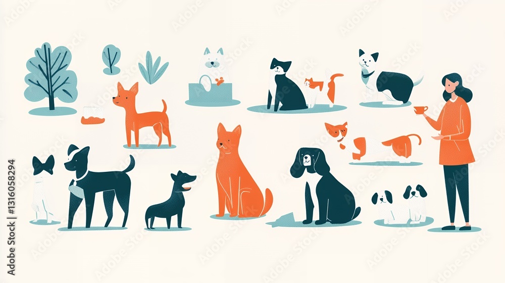 Fototapeta premium Flat vector dog collection, diverse puppy breeds set, pet owner with various canine characters