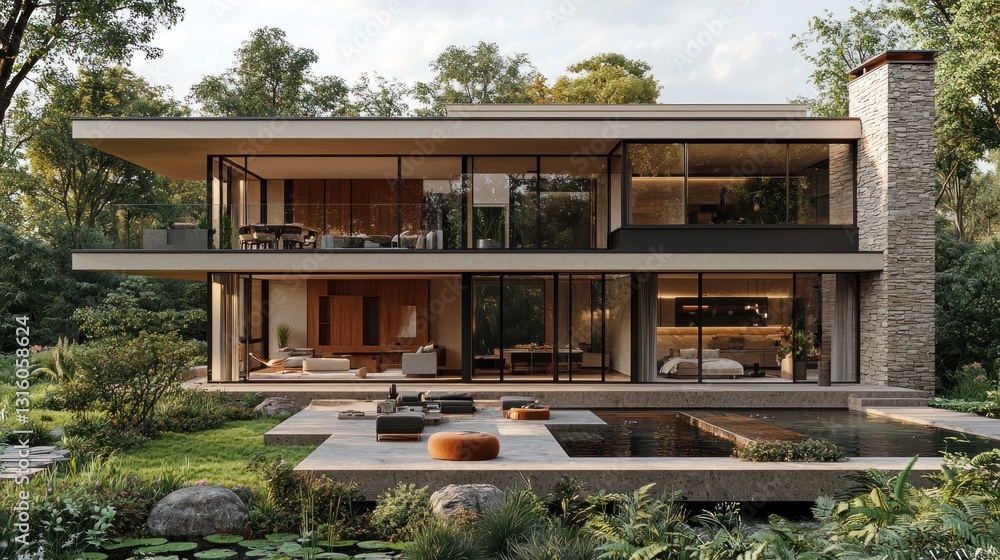 Fototapeta premium A modern two-story house with large windows, a stone chimney, and a reflecting pool