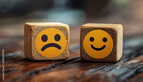 Wooden block with like and dislike icons on it, representing feedback and opinions, the concept of feedback marketing, customer satisfaction, and business growth photo