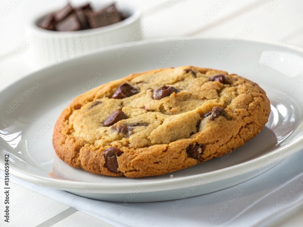 Chocolate Chip Cookie on White Plate with Chocolate Chunks, Freshly Baked and Crispy Treat Chocolate Chip Cookie on White Plate with Chocolate Chunks, Freshly Baked and Crispy Treat