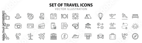 Travel and Tourism set of web icons in line style.Travel and vacation icons for web and mobile app. Airport, tickets, tour, relax, hotel, recreational rest, service. Vector illustration