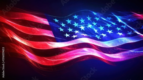 Futuristic neon American flag close-up with glowing white, red and blue lines on black background. USA Flag Day, US Memorial Day