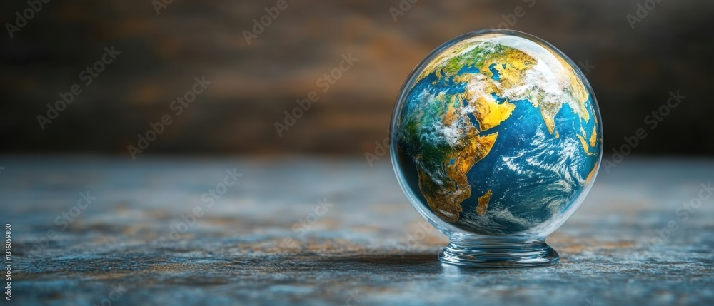 Earth Globe in Glass Sphere on Textured Surface Reflecting Global Unity and Environmental Awareness with Soft Lighting and Artistic Composition Earth Globe in Glass Sphere on Textured Surface Reflecting Global Unity and Environmental Awareness with Soft Lighting and Artistic Composition