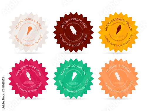 Brightly colored labels featuring a variety of ice cream flavors showcasing options such as vanilla bean, double chocolate and strawberry cheesecake.