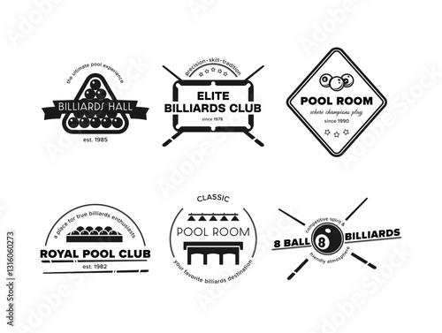 Logo designs showcasing billiard clubs and pool rooms, illustrating the essence of billiard culture and community