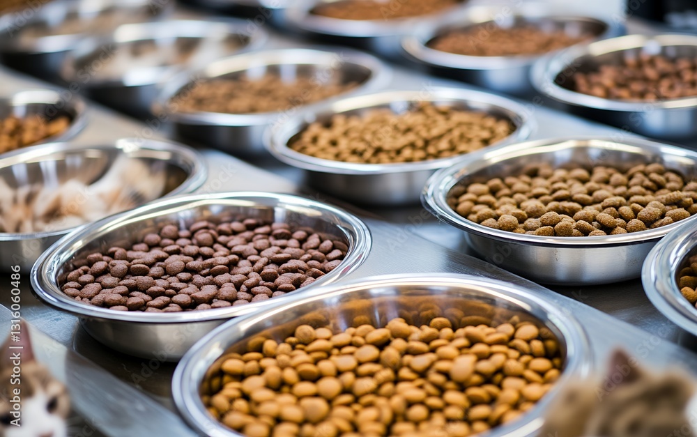 Assortment of Dry Pet Food in Bowls Variety Cats Dogs Meal Diet Feed Shop Brown Beige Assortment of Dry Pet Food in Bowls Variety Cats Dogs Meal Diet Feed Shop Brown Beige