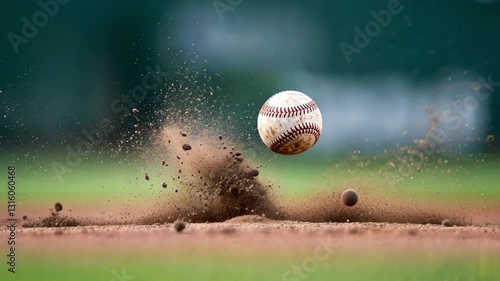 A baseball bounces off the dirt, sending particles flying. The background is blurred, creating a dramatic action shot.