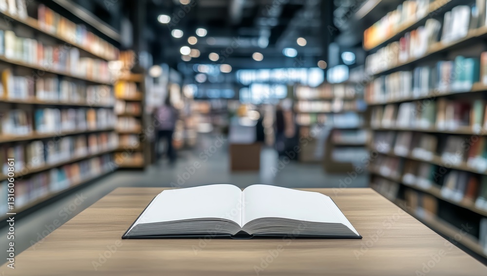 Fototapeta premium An Open Book With Blank Pages Rests On A Light Brown Wooden Table In A Blurred, Well Lit Library Filled With Tall Bookshelves Perfect For Education Concepts.A Quiet Space For Studying And