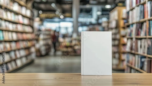 A Blank White Book Cover Mockup Displayed On A Light Brown Wooden Table Against A Blurred Background Of Bookshelves In A Bookstore Perfect For Showcasing Your Book Designs And Mockups. Book Covers