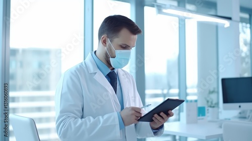 Wallpaper Mural A medical worker in a white coat holds a tablet in his hands, standing in a modern medical environment, symbolizing the integration of technology into patient care. Torontodigital.ca