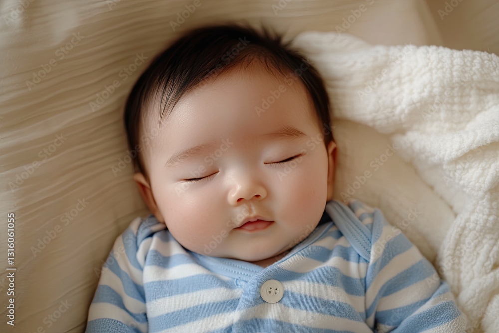 Top view of an Asian newborn baby sleeping on their back in a crib, wearing a blue striped shirt and a white blanket. This is a top-down photograph with a copy space area,