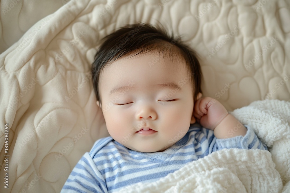 Top view of an Asian newborn baby sleeping on their back in a crib, wearing a blue striped shirt and a white blanket. This is a top-down photograph with a copy space area, Top view of an Asian newborn baby sleeping on their back in a crib, wearing a blue striped shirt and a white blanket. This is a top-down photograph with a copy space area,