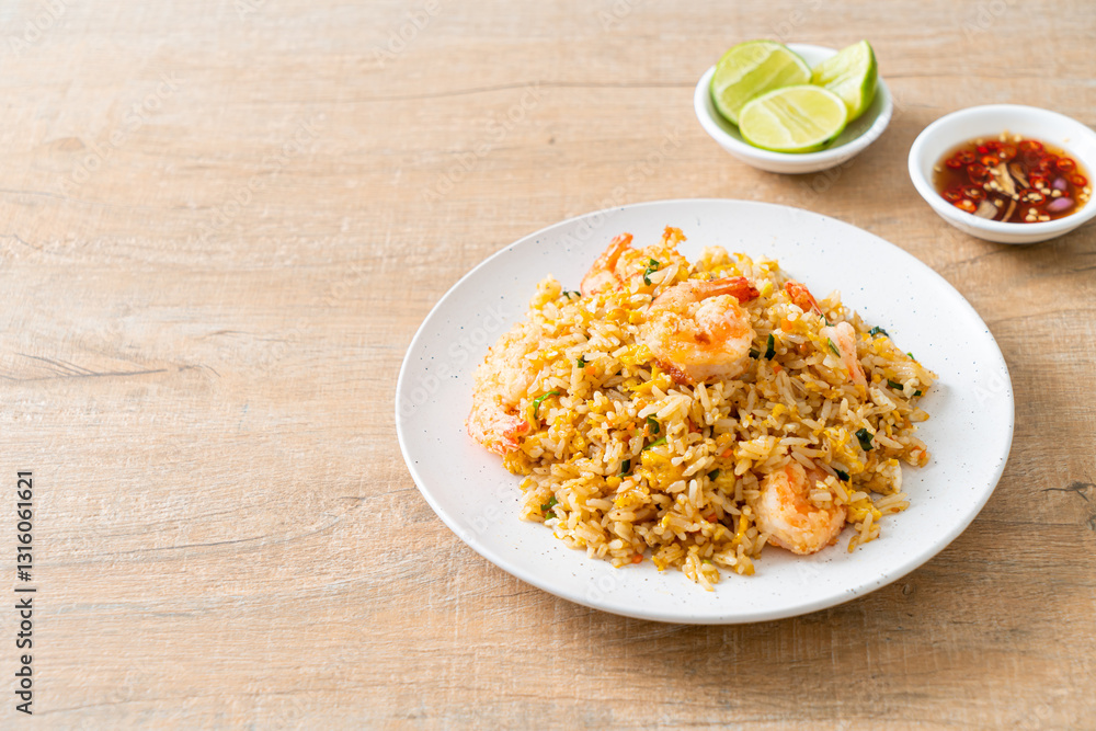 fried shrimps fried rice on plate fried shrimps fried rice on plate