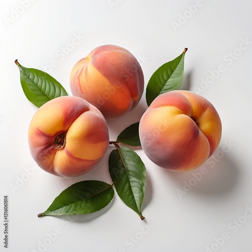 Three Juicy Peaches with Green Leaves