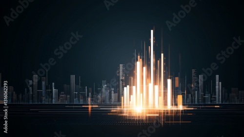 Futuristic Cityscape with Glowing Lights, Modern Urban Design, Technology, and Abstract Illustration.