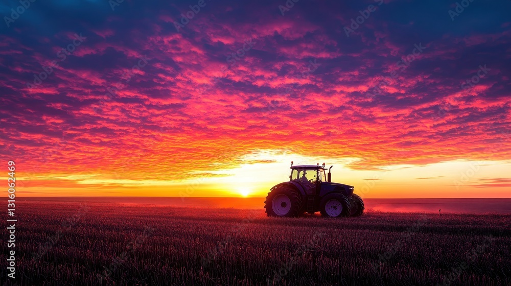 Fototapeta premium Tractor in field at vibrant sunset, dramatic clouds. Illustrates farming, agriculture, hard work, and the beauty of nature.