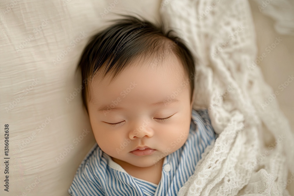 Top view of an Asian newborn baby sleeping on their back in a crib, wearing a blue striped shirt and a white blanket. This is a top-down photograph with a copy space area, Top view of an Asian newborn baby sleeping on their back in a crib, wearing a blue striped shirt and a white blanket. This is a top-down photograph with a copy space area,