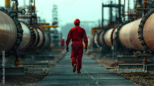 Oil and Gas Industry Worker in Red Coverall Walks Through Refinery Pipeline Infrastructure During Daytime