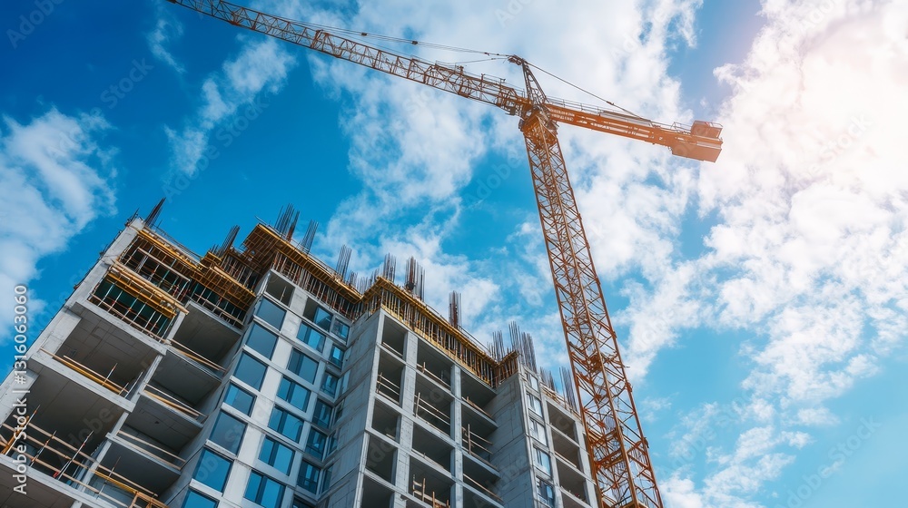 A modern residential complex under construction with a tower crane against a blue sky background A modern residential complex under construction with a tower crane against a blue sky background