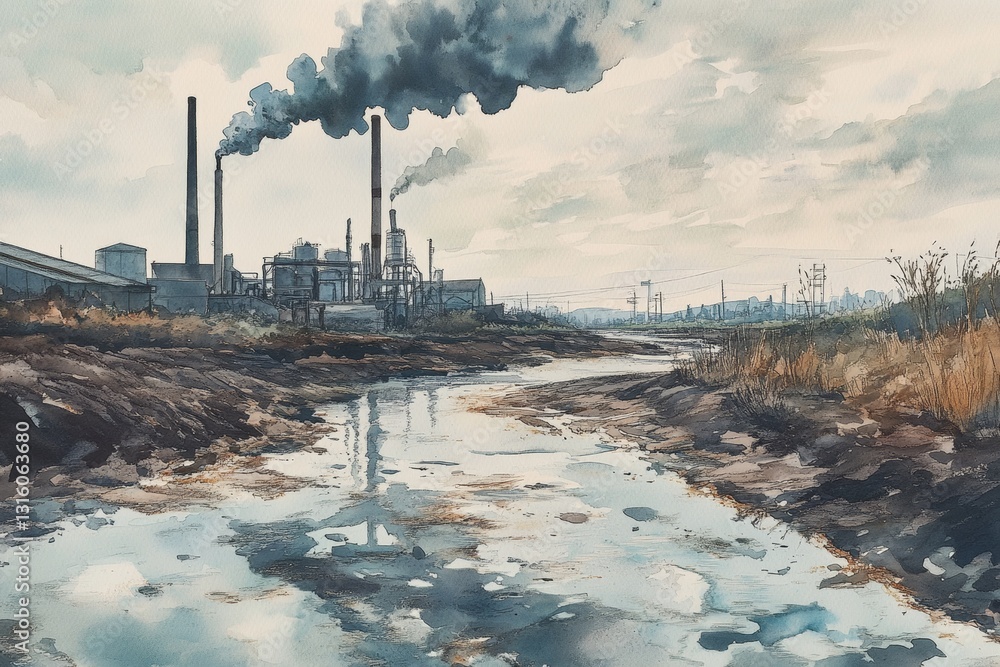 This artwork captures a distressed industrial landscape, showcasing smokestacks emitting thick smoke over a polluted river, reflecting environmental challenges. This artwork captures a distressed industrial landscape, showcasing smokestacks emitting thick smoke over a polluted river, reflecting environmental challenges.