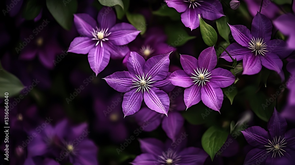 Vibrant Purple Clematis Blossoms in Lush Summer Foliage AI Generated Vibrant Purple Clematis Blossoms in Lush Summer Foliage AI Generated