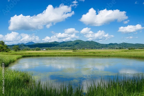A breathtaking landscape showcasing a tranquil pond reflecting fluffy clouds and surrounding greenery under a blue sky, perfect for nature lovers.