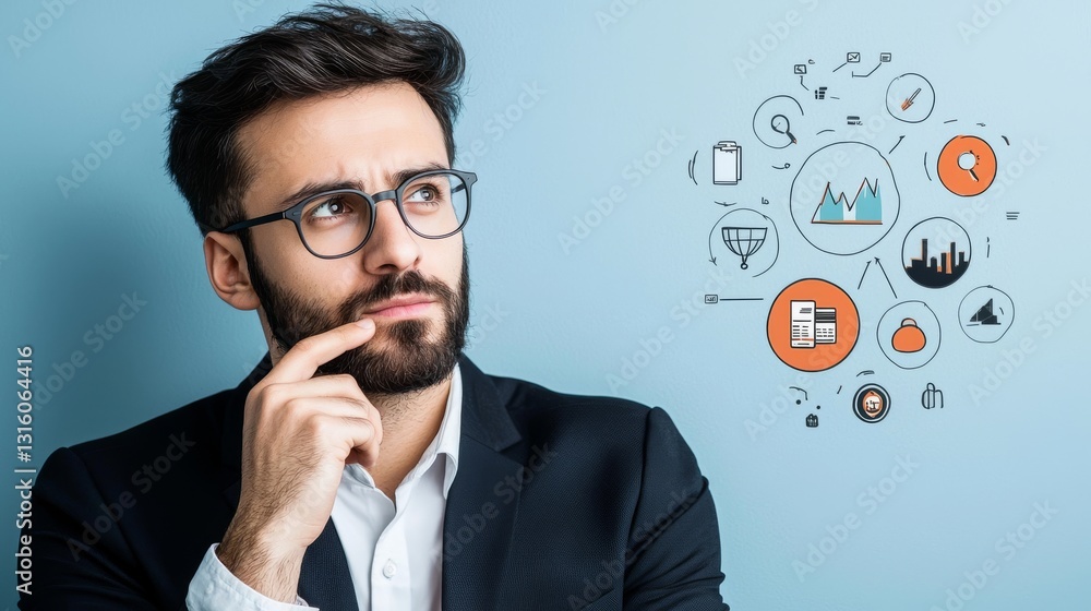 Thoughtful Businessman Planning Strategy with Icons, Financial Analysis & Ideas Concept.