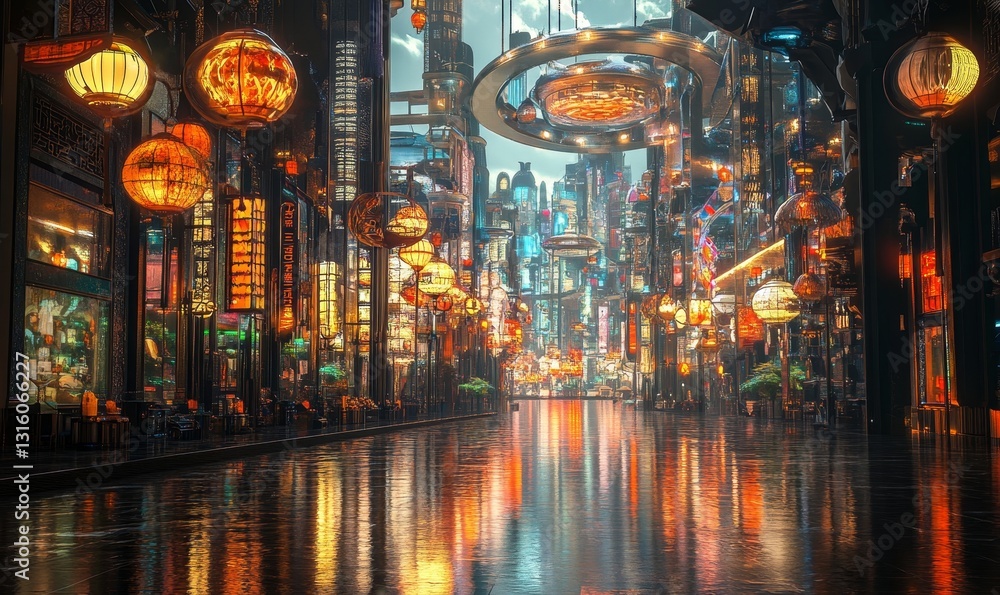 Obraz premium A metropolis with the reflection of light from streets and lanterns, a futuristic city of the future. Smart city, Internet of things. 3d artwork
