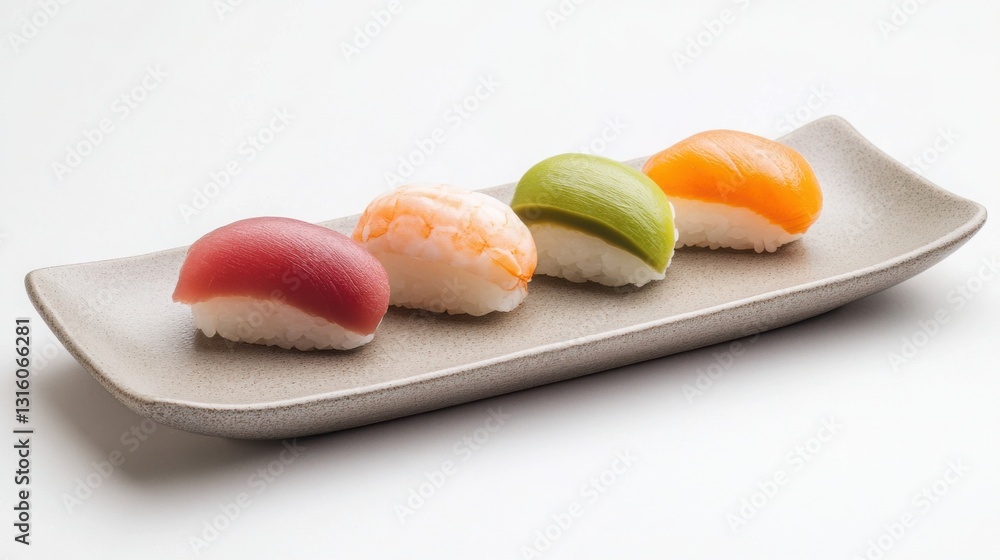 A beautifully arranged sushi omakase plate, minimalist and elegant presentation, gourmet experience A beautifully arranged sushi omakase plate, minimalist and elegant presentation, gourmet experience