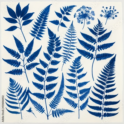Cyanotype Print of Ferns and Flowers
