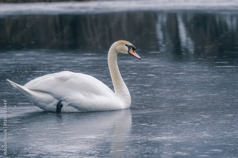 The quiet elegance of a swan gliding across a partially frozen lake. The quiet elegance of a swan gliding across a partially frozen lake.