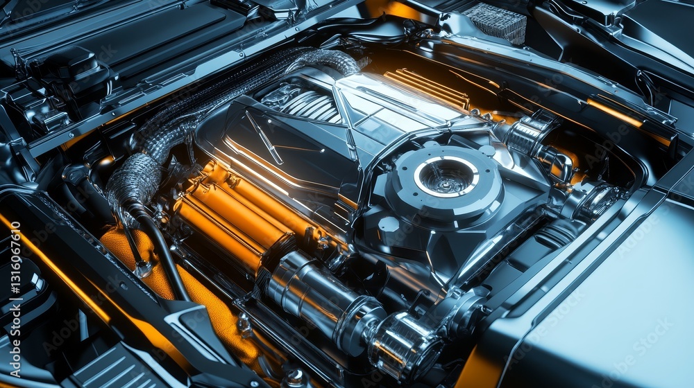 Fototapeta premium A close-up of a car engine with complex mechanical components and shiny metal surfaces, engineering developments and technologies of the automotive structure